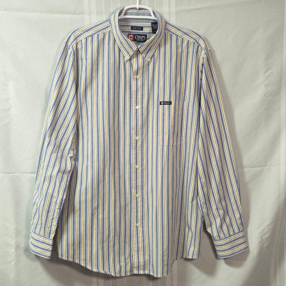 Chaps Button Down Shirt Mens L Blue Yellow Striped Easy Care Long Sleeve Pocket